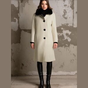Cashmere Wool Blend Off-White Black Faux Fur Collar Long Coat